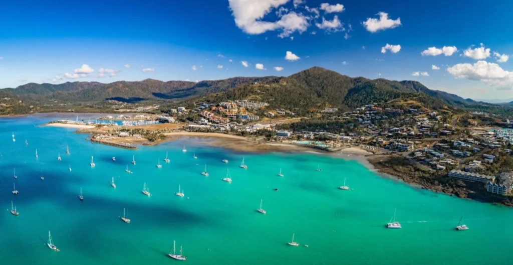 Aerial view of the beautiful Whitsundays coastline.